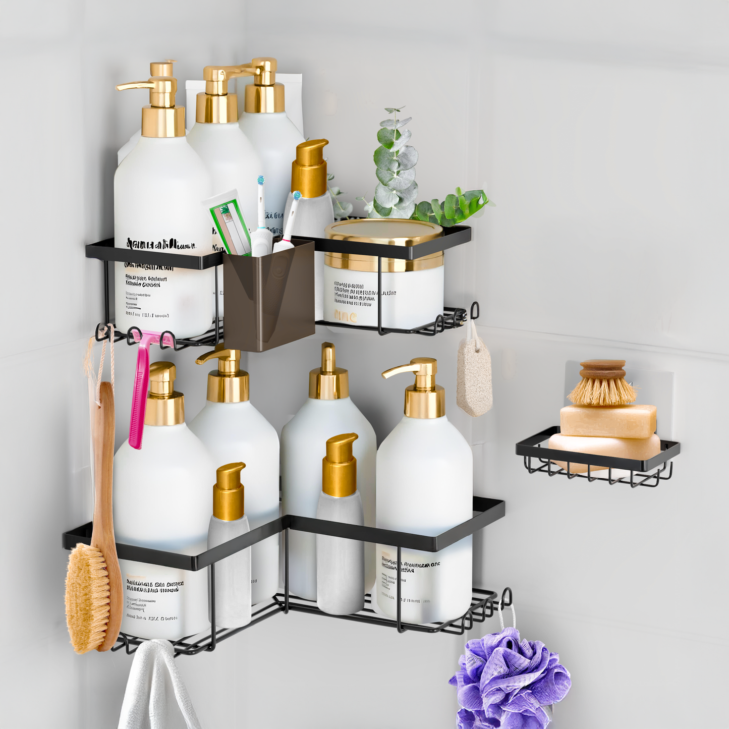 SBEN Corner Adhesive Shower Caddy, Toothbrush Holder, Soap Holder and 12 Hooks, 4 Pack Rustproof Material, Bathroom Organizer, No Drilling Rack