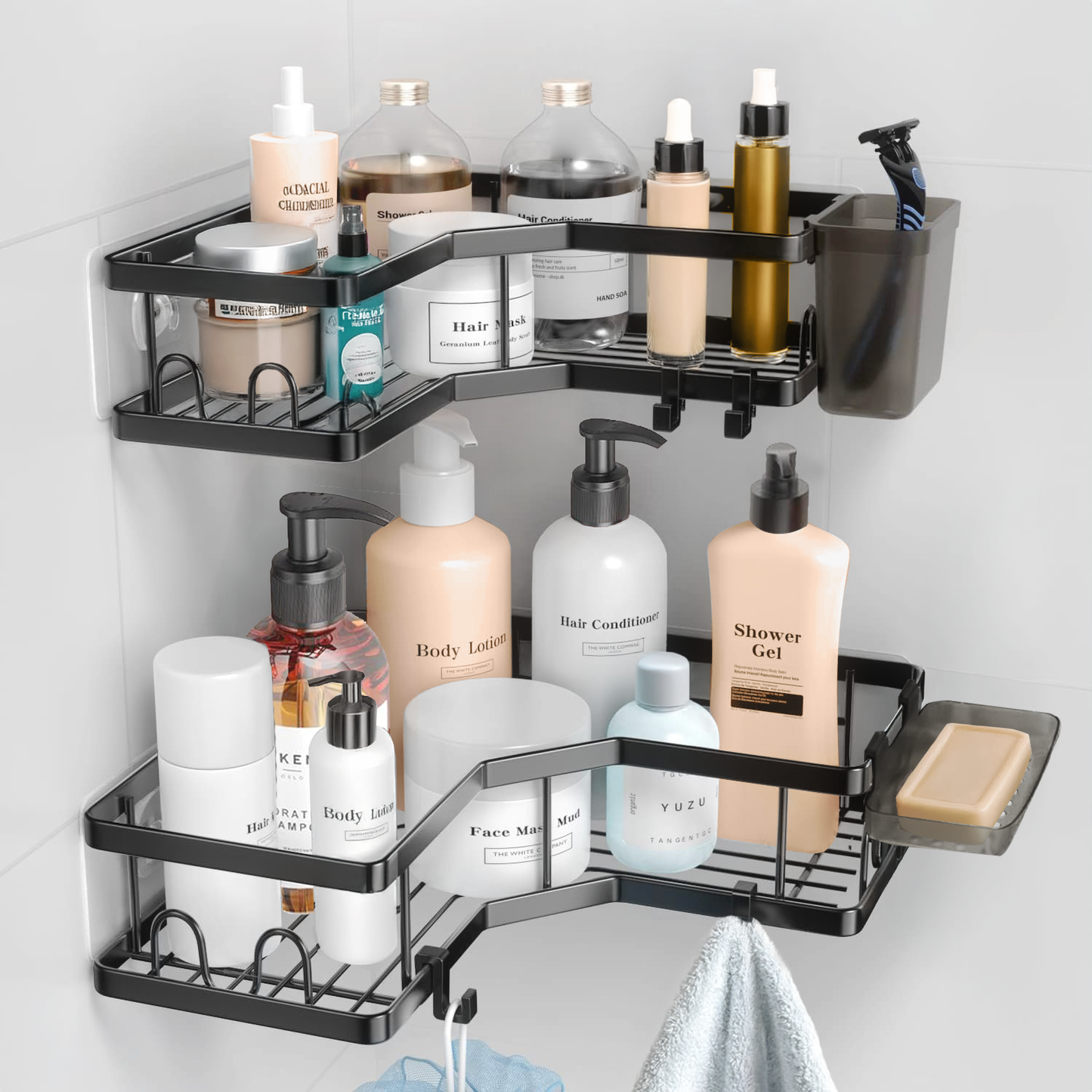 Sben Corner Adhesive Shower Caddy, 8 Pack Organizer Shelves, No Drilling, Rustproof Storage Rack, 12 Hooks, Toothpaste Holder and Soap Dish Holder for Bathroom