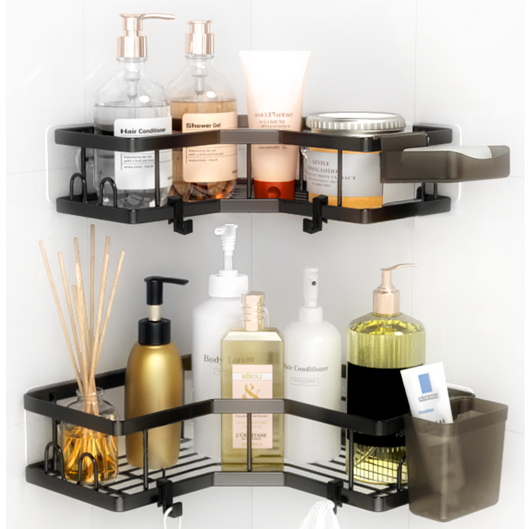 Sben Corner Adhesive Shower Caddy, 8 Pack Organizer Shelves, No Drilling, Rustproof Storage Rack, 12 Hooks, Toothpaste Holder and Soap Dish Holder for Bathroom